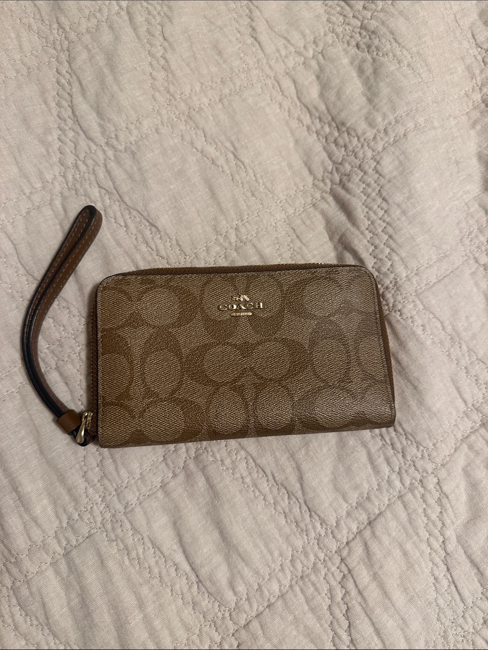 Coach Brown Signature Canvas Zip Wristlet with Gold Logo